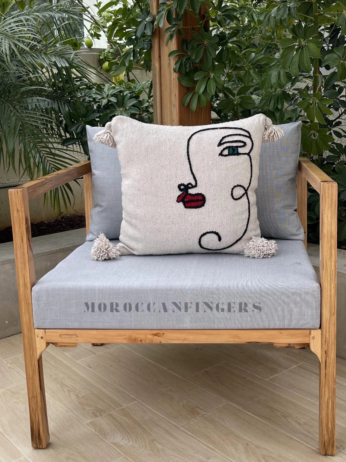 Abstract Face Pillow Covers 18X18 – Set of 2 Boho Cushion Covers, Handwoven Recycled Cotton, Handmade in Morocco
