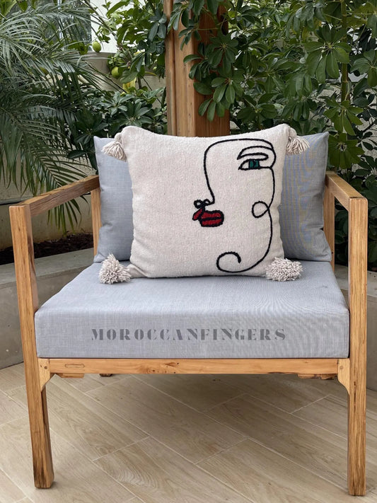 Abstract Face Pillow Covers 18X18 – Set of 2 Boho Cushion Covers, Handwoven Recycled Cotton, Handmade in Morocco