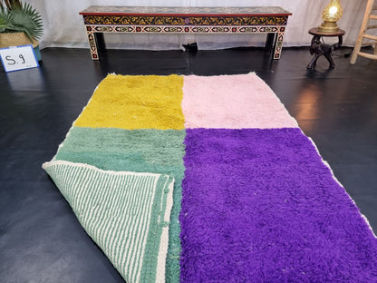 BENI OURAIN RUG 4X5, Multi-Color Moroccan Rug, Tribal Wool Rug, Fluffy Berber Carpet, Geometric & Funky Area Rug, Handmade Pink Boho Rug.