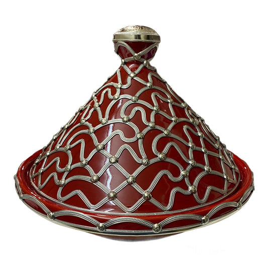 A Handmade and Hand-Painted Moroccan Tagine Dish, Encrusted with Maillechort.