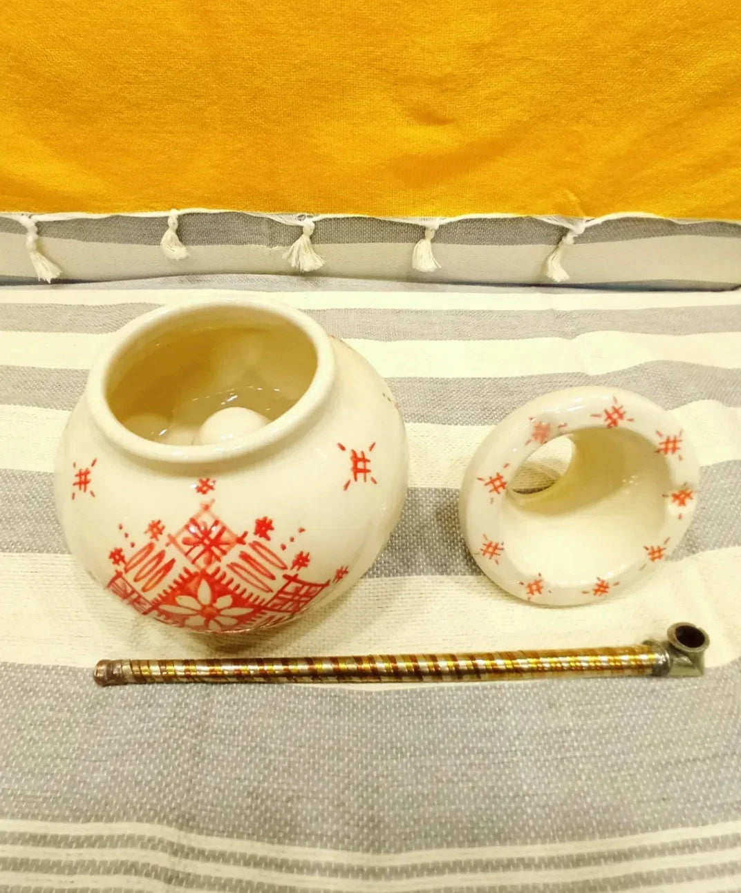 Moroccan Ceramic Ashtray with Berber Desgine Painted by Hand Unique Ashtray, Decorative Ashtray, Red and White Ashtray with Handmade Pipe