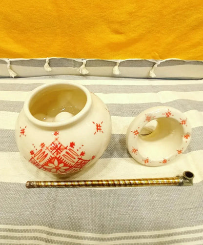 Moroccan Ceramic Ashtray with Berber Desgine Painted by Hand Unique Ashtray, Decorative Ashtray, Red and White Ashtray with Handmade Pipe