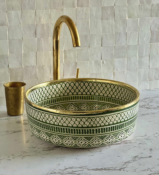 Antique Sink with Brass Rim Edge, Vessel Sink, Sink Bowl, Ceramic Basin, Hand Wash Basin, Free Gift INCLUDED