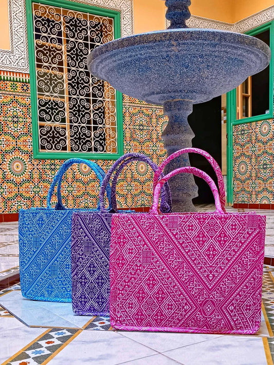 Handmade Wool Tote Bag with Moroccan Amazigh Patterns – Colorful Bags for Women, Weekender, Beach Bag