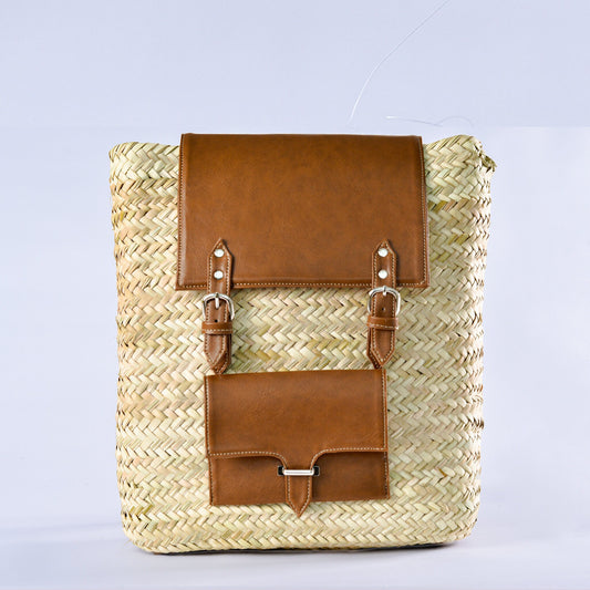 Straw Backpack with Pocket - Leather Rucksack-Boho Bag- Backpack for Everyday Use - Beach Backpack