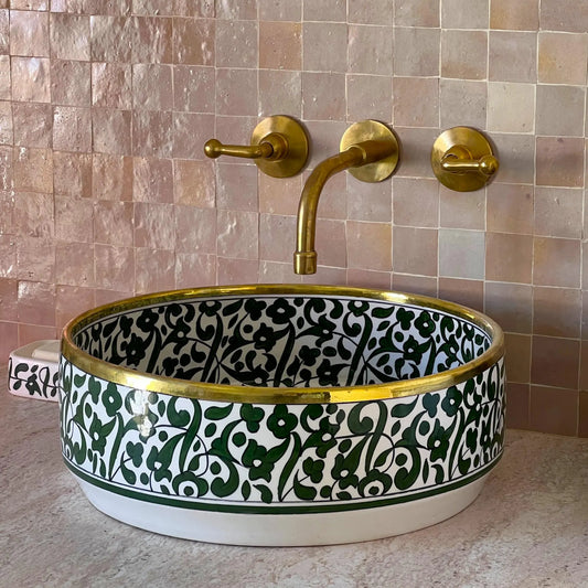 Antique Sink with Brass Rim Edge, Vessel Sink, Sink Bowl, Green Ceramic Basin, Hand Wash Basin, Free Gift INCLUDED
