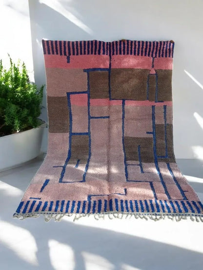 Colorful Moroccan Beni Ourain Rug | Handwoven Wool Carpet | Berber Geometric Design | Pink, Blue & Brown