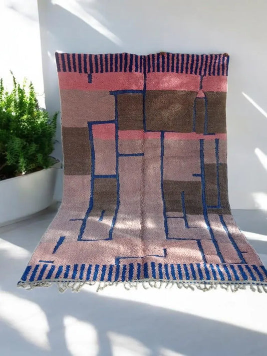 Colorful Moroccan Beni Ourain Rug | Handwoven Wool Carpet | Berber Geometric Design | Pink, Blue & Brown