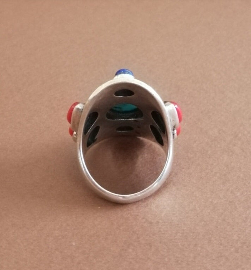 American Indian Turquoise Coral and Lapis Silver Ring