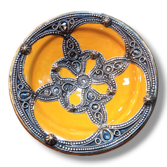 Moroccan Wall Hanging Plate 21Cm - Handcrafted Ceramic with Metal Design Housewarming Gift, Moroccan Style Wall Art, Unique Moroccan Plate