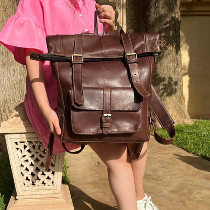 Moroccan Roll Top Leather Backpack for Men & Women | Leather Trekking Travel Backpack Rucksack | Fashion Leather Gift Backpacks
