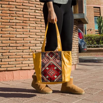 Tote Carpet Leather Bag - Handmade Women'S Fashion Cross-Body Handbag, Unique Gift for Her, Stylish Havana Leather Tote