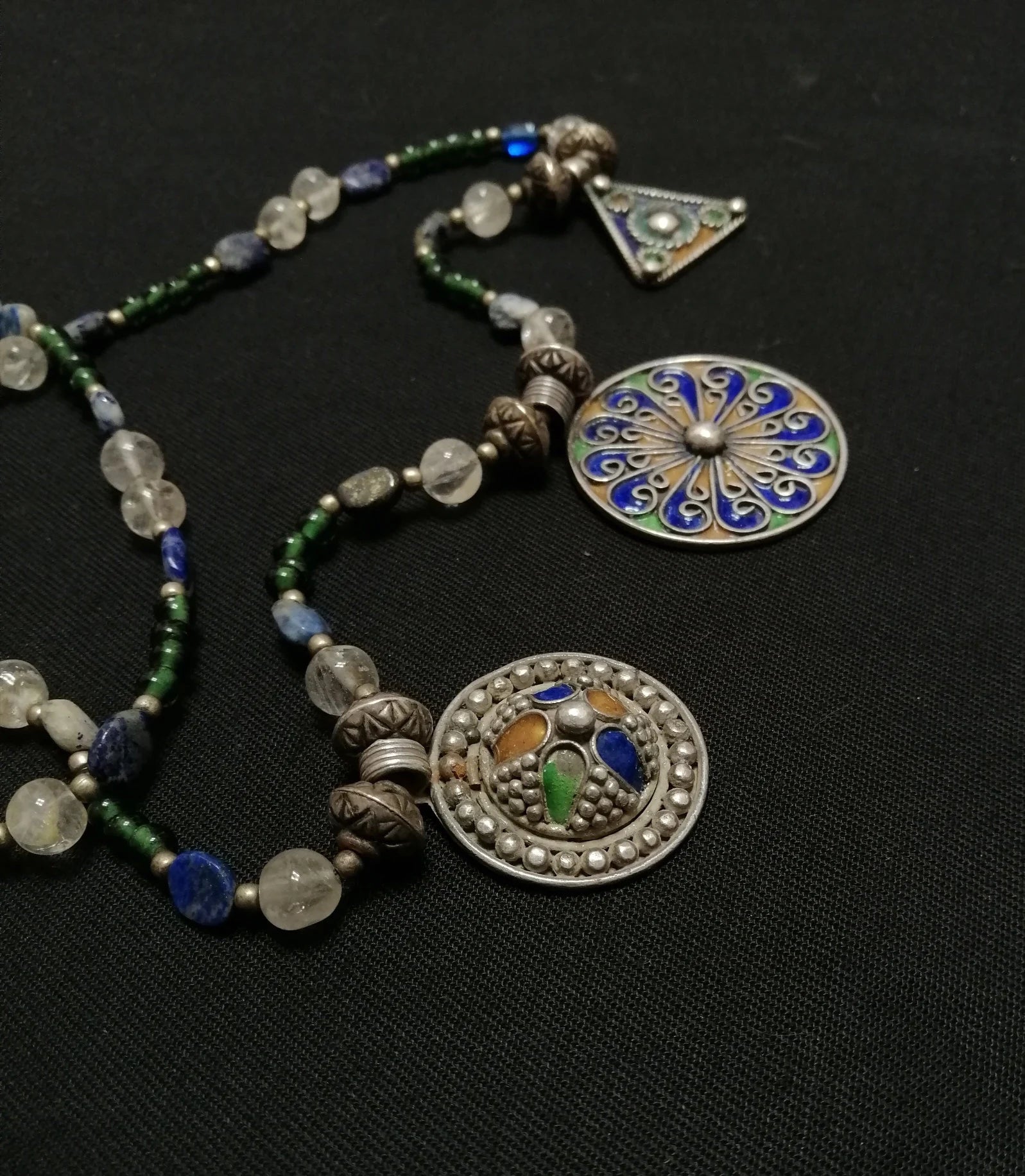 Long Single Strand Glass and Stone Beads with 3 Berber Enamel Amulets