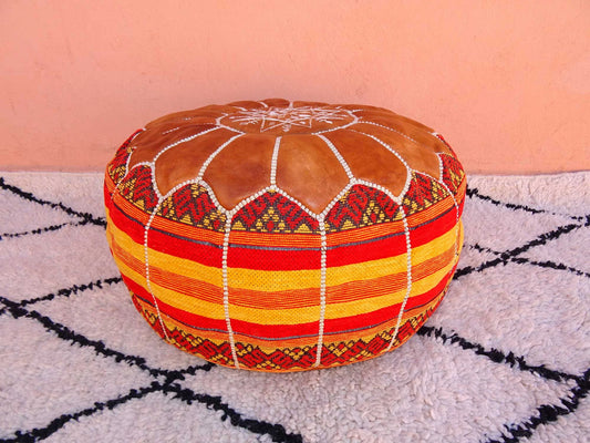 Moroccan Footstool Pouf Made of Leather and Cloth - Moroccan Ottoman Pouf from Genuine Leather - Decor Home