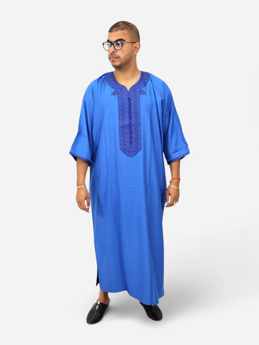 Bright Blue Moroccan Style Thobe - Traditional Short Sleeve Design for Men
