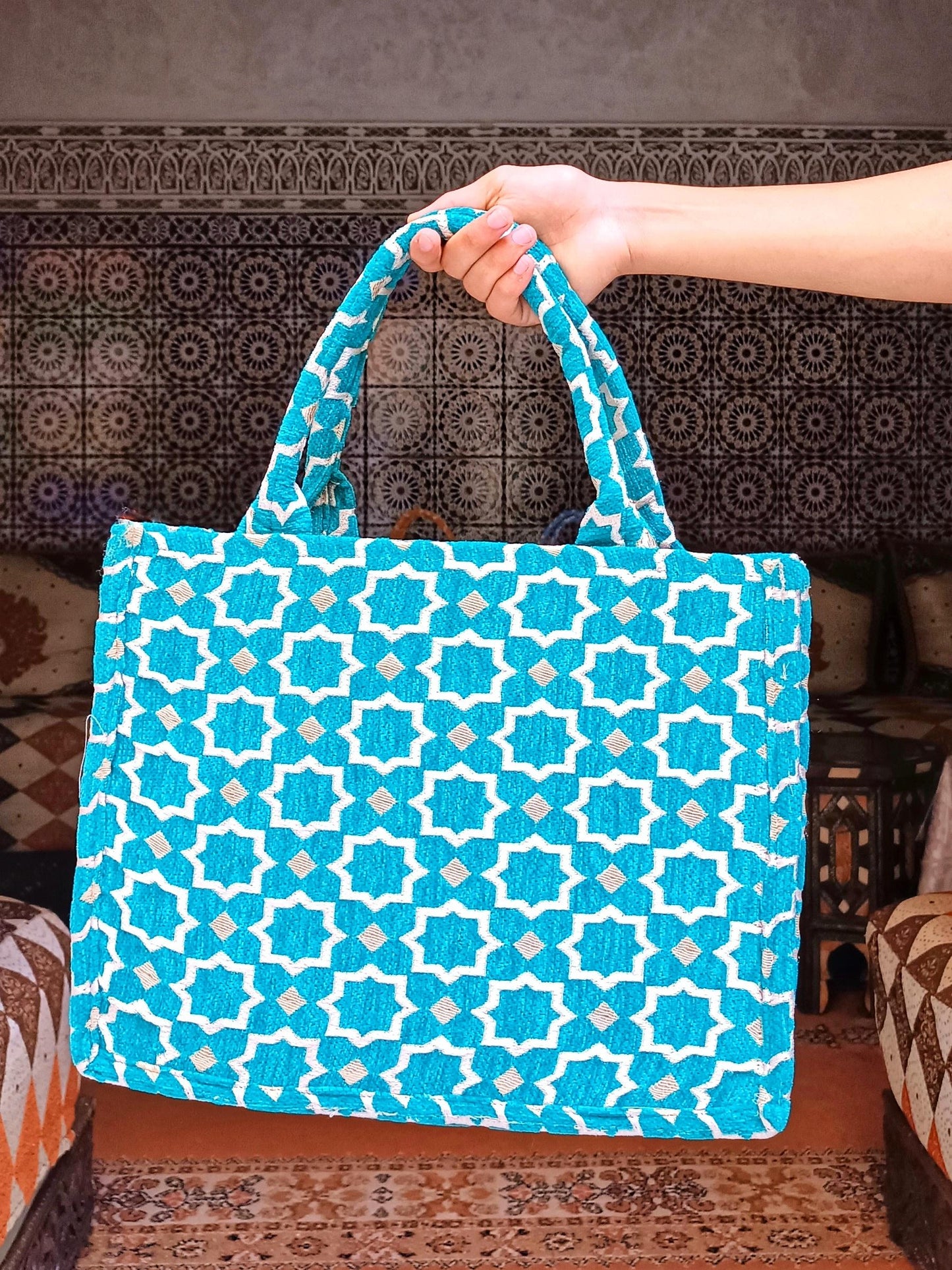 Handmade Moroccan Tote Bag with Zellij Tile Design, Large Durable Tote for Everyday Use, Unique Cultural Gift, Eco-Friendly Beach Bag