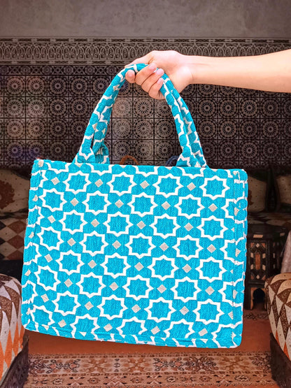 Handmade Moroccan Tote Bag with Zellij Tile Design, Large Durable Tote for Everyday Use, Unique Cultural Gift, Eco-Friendly Beach Bag