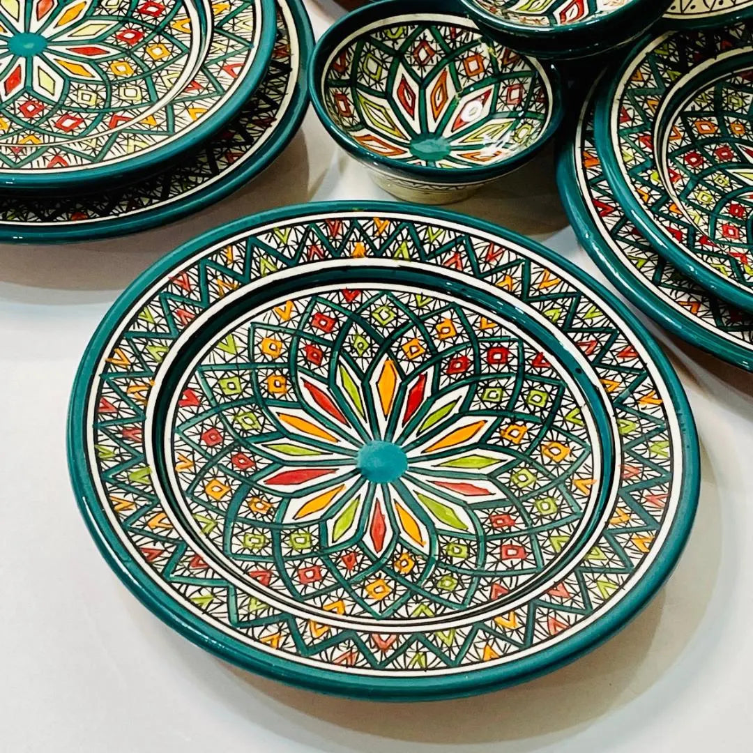 Authentic Moroccan Hand Painted Ceramic Dinnerware Set, Green Handmade Serving Set, Tableware Collection, Dinnerware Set