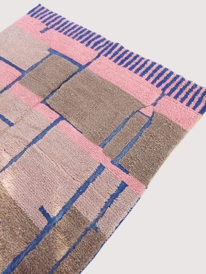 Colorful Moroccan Beni Ourain Rug | Handwoven Wool Carpet | Berber Geometric Design | Pink, Blue & Brown