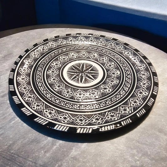 Large 35Cm Black and White Ceramic Flat Plate, Serving Plate, Moroccan Ceramic Plates, Tableware Serving Dishes Dishwasher & Microwave Safe