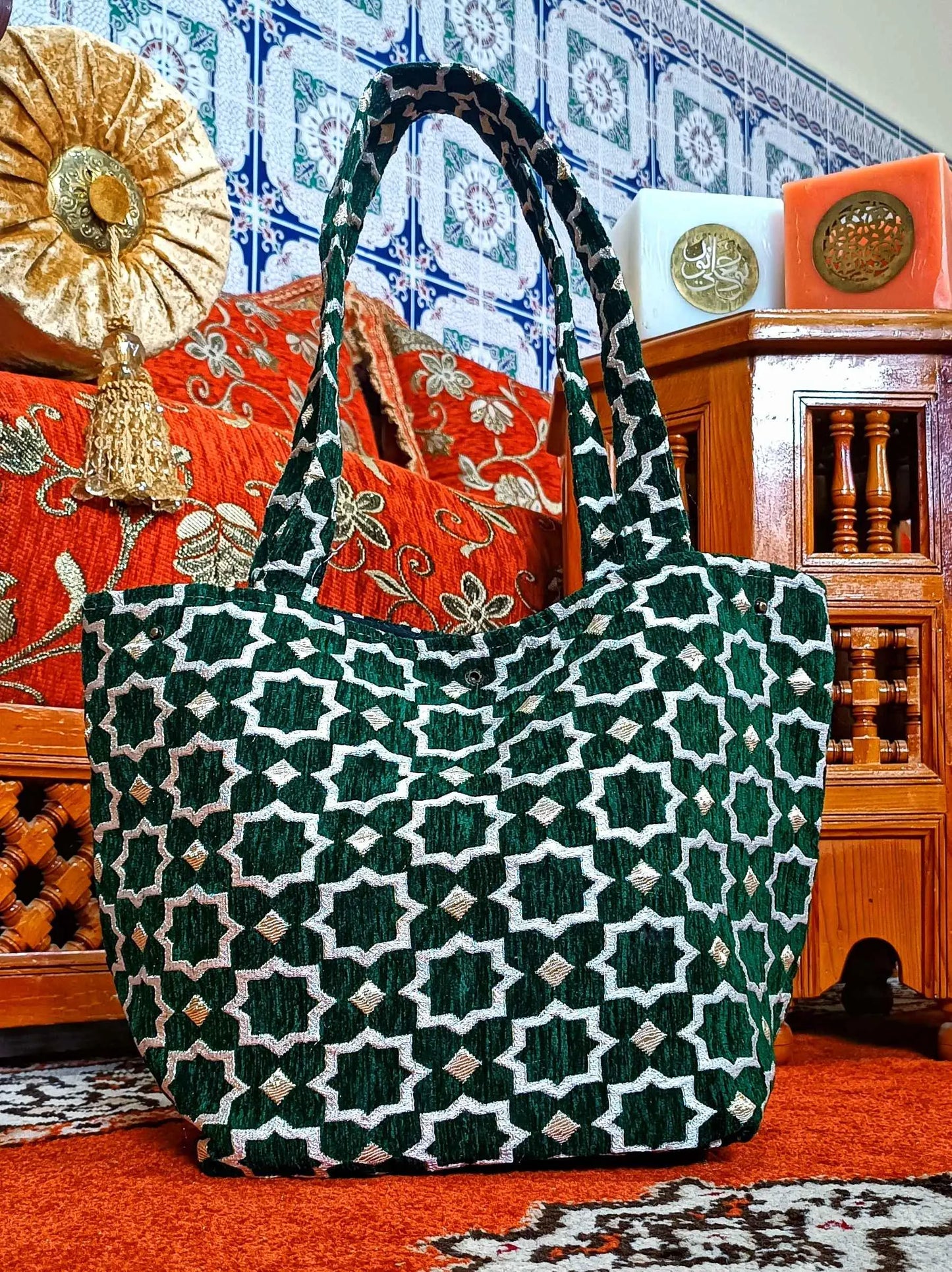 Moroccan Handmade Tote Bag | Everyday Durable Wool Handbag | Handmade Fashion Tote for Work & Outings | Stylish Moroccan Tile Design
