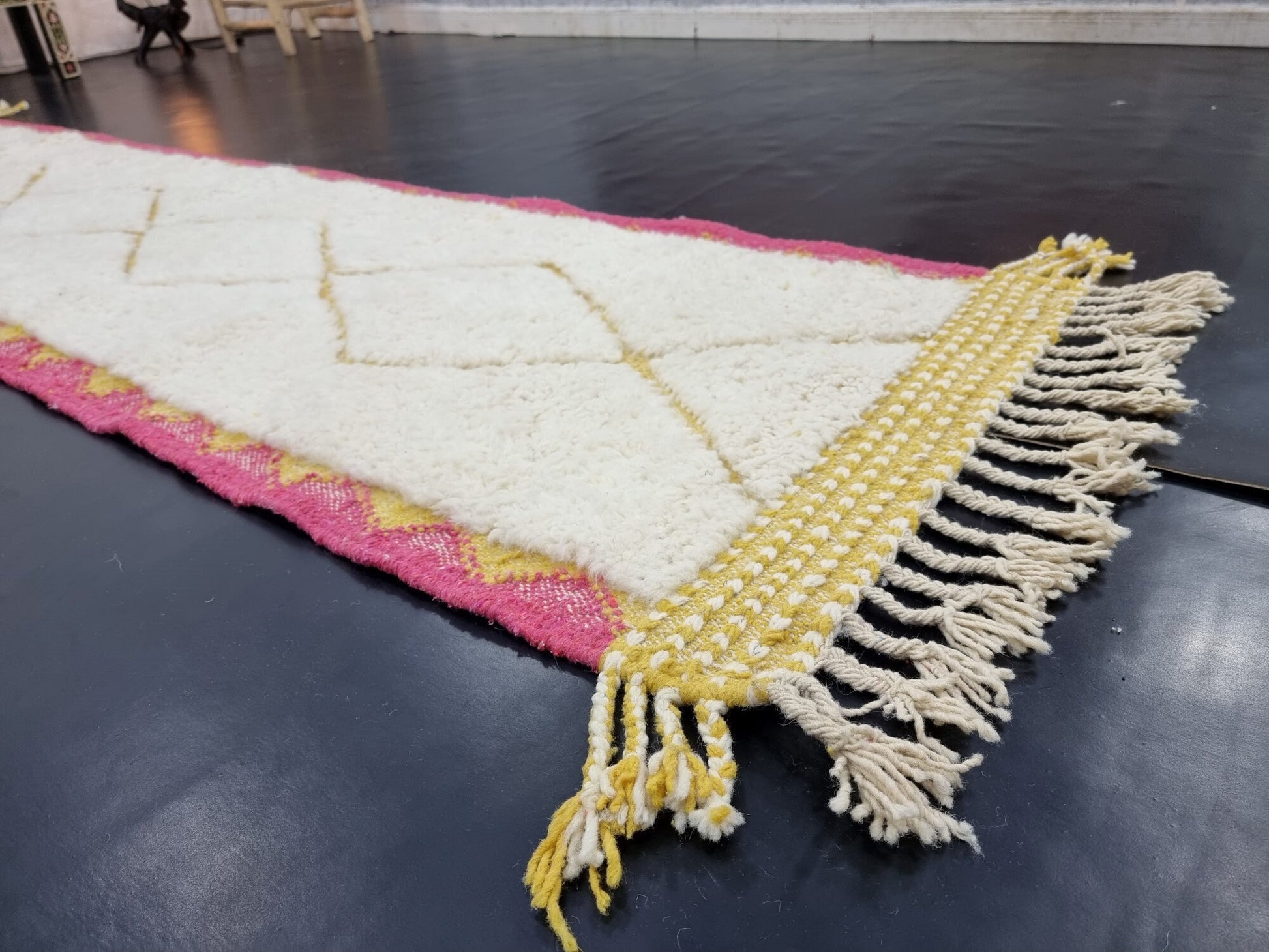 CUTE BENIOURAIN RUG, Handmade Rug 2X10, Pink & Mustard Runner Rug, Berber Wool Rug, Geometric Wool Rug, Runner Rug, Area Rug, Handwoven Rug