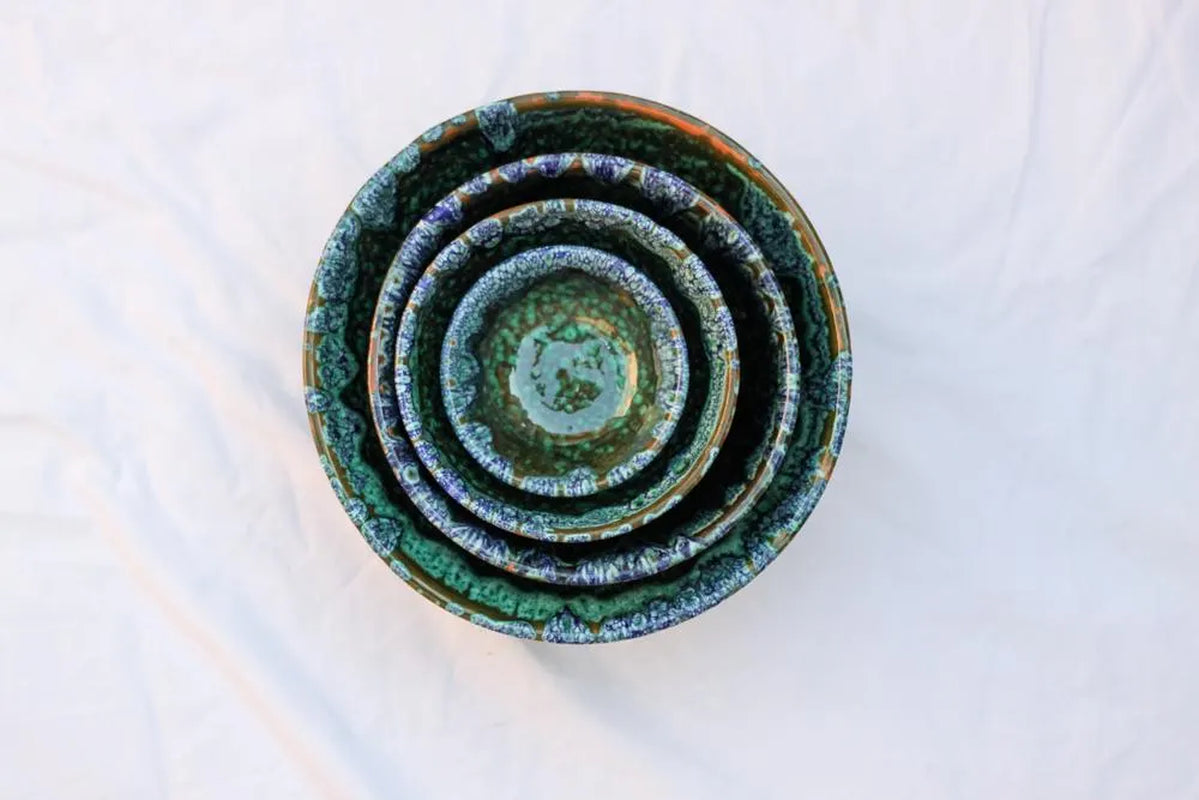 Green Ourika Ceramic Bowls Moroccan Handmade Bowls Nesting Bowl Set Drip Glaze Pottery Bowls Handpainted Ceramic Stoneware Crackle Glaze