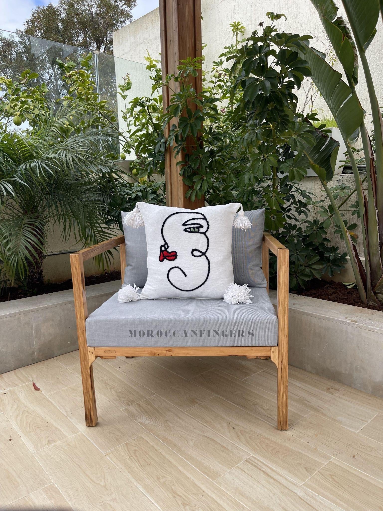 Abstract Face Pillow Covers 18X18 – Set of 2 Boho Cushion Covers, Handwoven Recycled Cotton, Handmade in Morocco