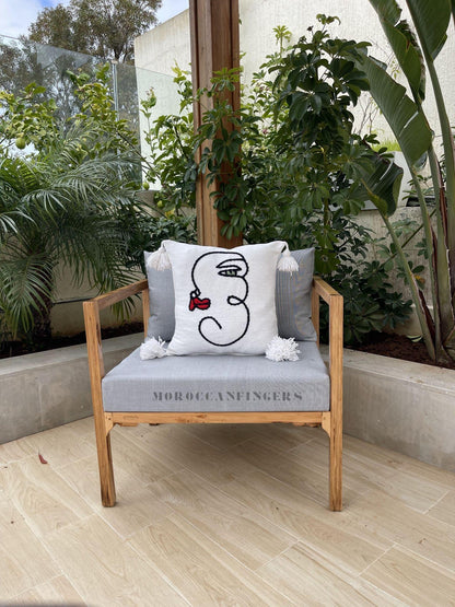 Abstract Face Pillow Covers 18X18 – Set of 2 Boho Cushion Covers, Handwoven Recycled Cotton, Handmade in Morocco