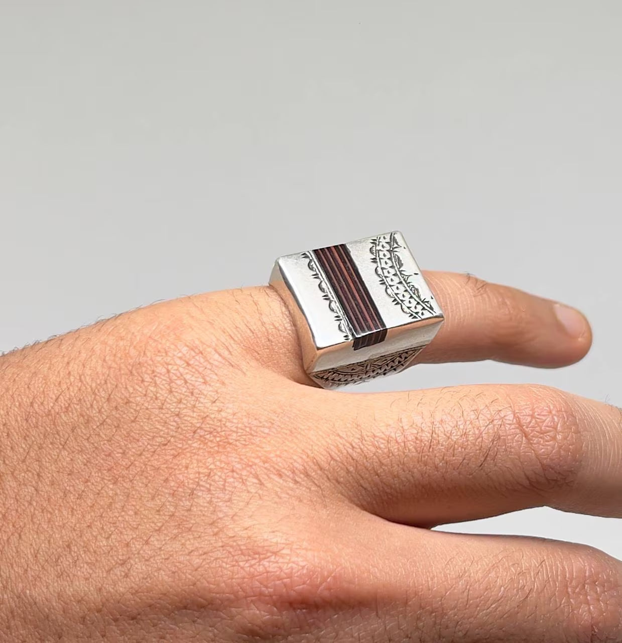 Vintage Berber Sterling Silver Ring, Handmade Tuareg Ring Silver Sterling with Sahara Ebony Wood, Moroccan Jewelry, Gift for Him Size 11 US