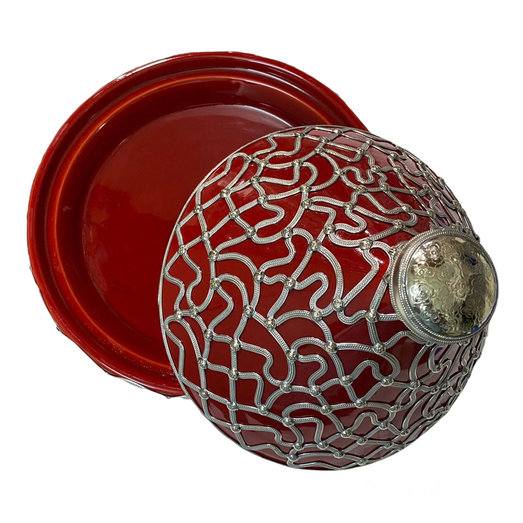 A Handmade and Hand-Painted Moroccan Tagine Dish, Encrusted with Maillechort.