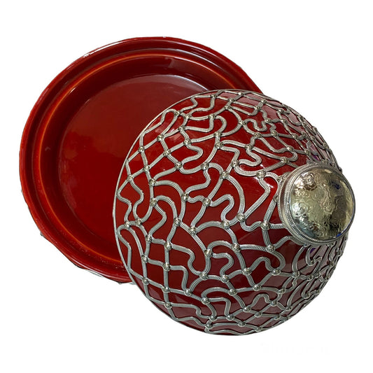 A Handmade and Hand-Painted Moroccan Tagine Dish, Encrusted with Maillechort.