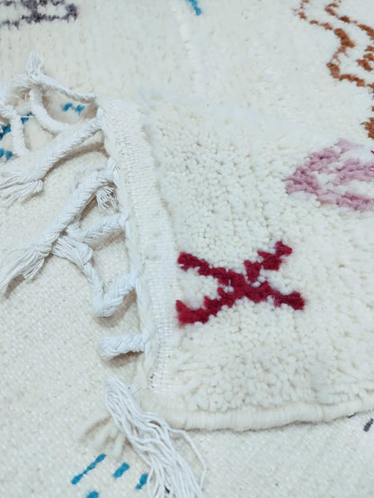 White Abstract Rug | Moroccan Wool Carpet | Handwoven with Vibrant Colorful Motifs | Berber Art Design