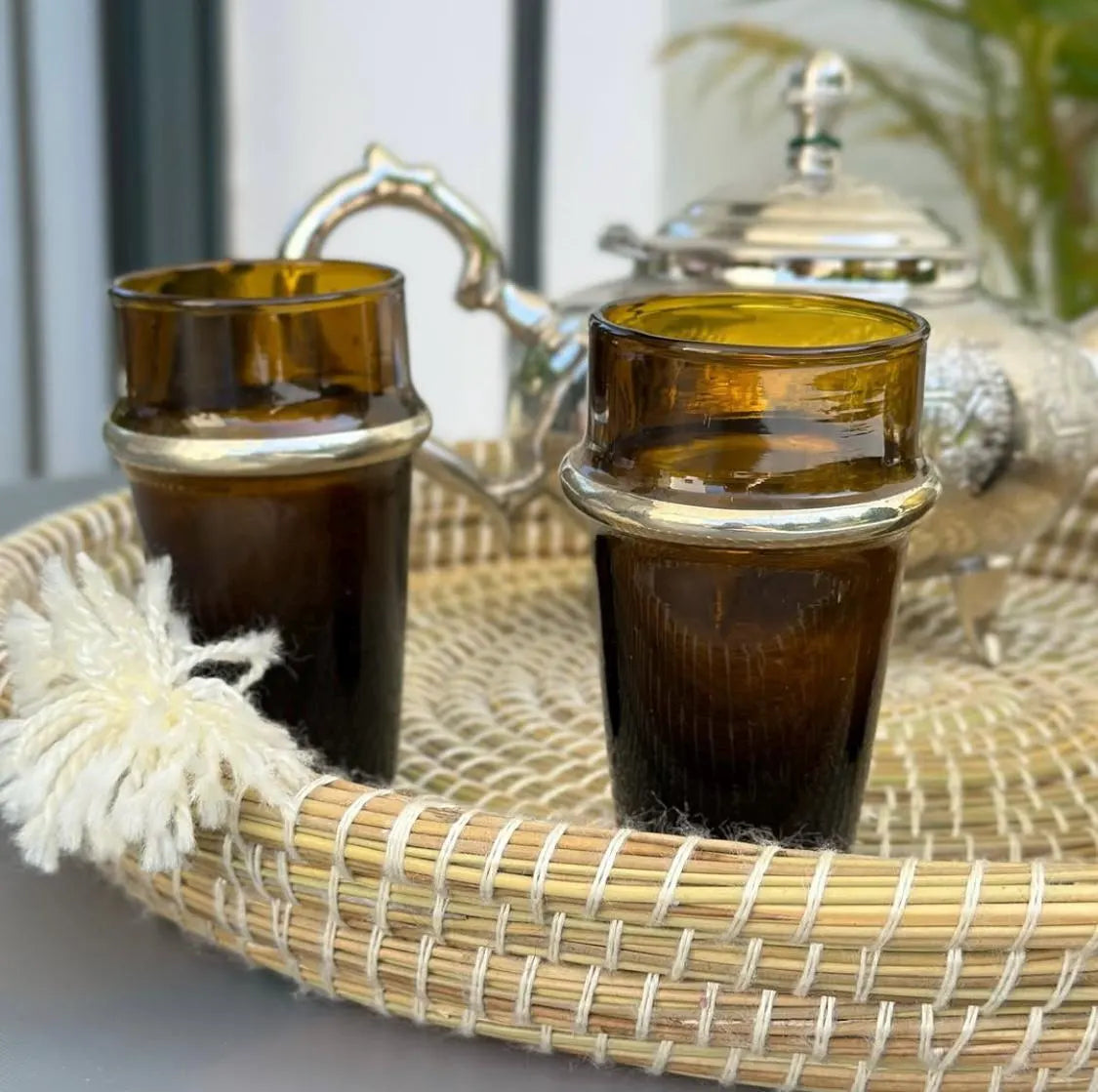 Handcrafted Moroccan Tea Set – Engraved Nickel Teapot with Amber Glasses & Woven Serving Tray Handcrafted Moroccan Royal Teapot