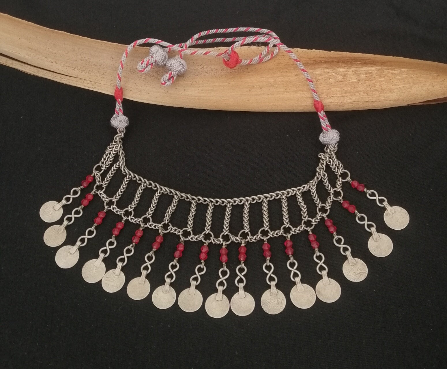 Beautiful Berber Silver Coin and Red Glass Bead Tasfift Headdress Necklace