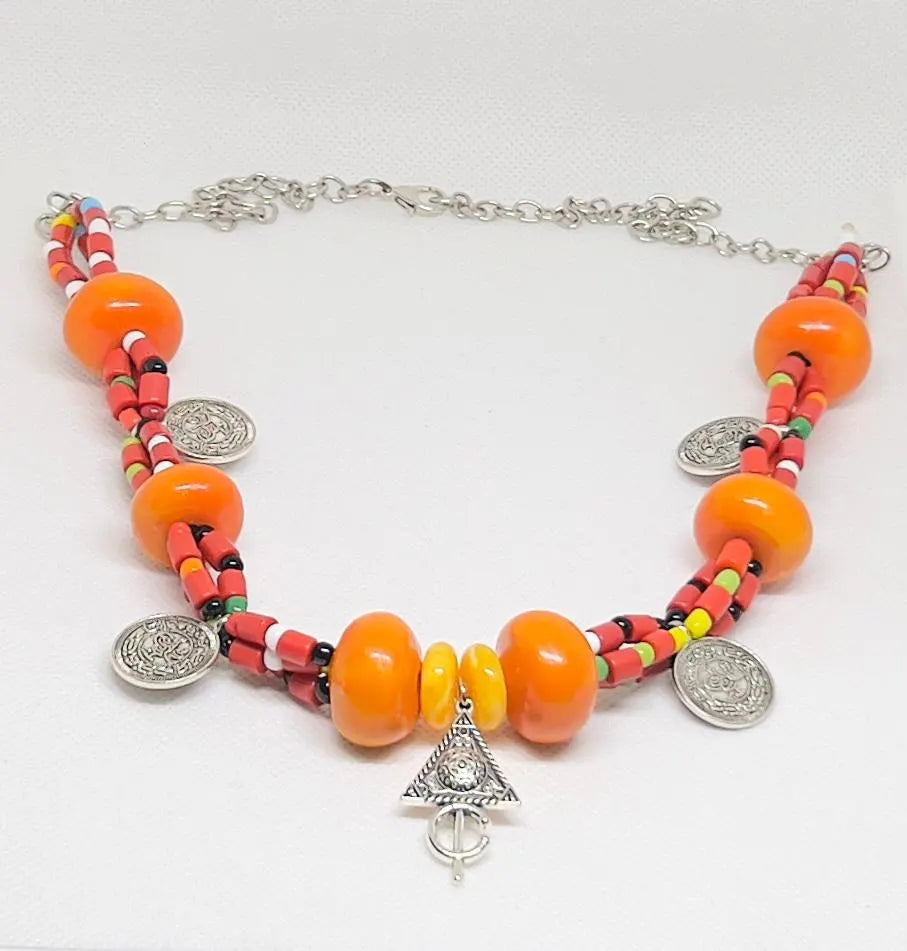 Handmade Moroccan Amber Necklace with Red Berber Coral Beads - Antique Silver Coins - Boho Necklace - Tribal Amazigh Pendant, Gift for Her