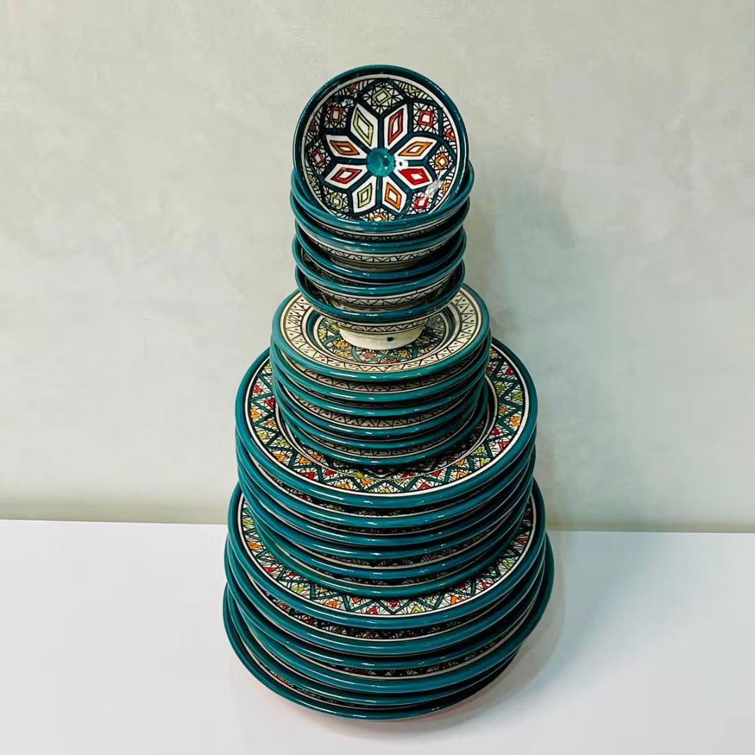 Authentic Moroccan Hand Painted Ceramic Dinnerware Set, Green Handmade Serving Set, Tableware Collection, Dinnerware Set