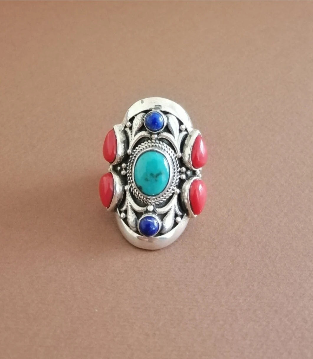American Indian Turquoise Coral and Lapis Silver Ring