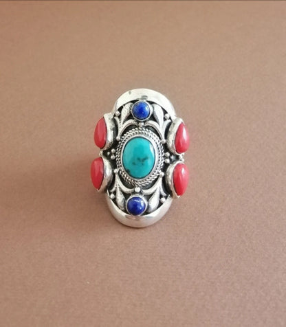 American Indian Turquoise Coral and Lapis Silver Ring