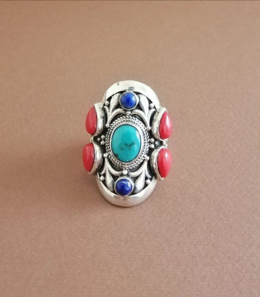 American Indian Turquoise Coral and Lapis Silver Ring