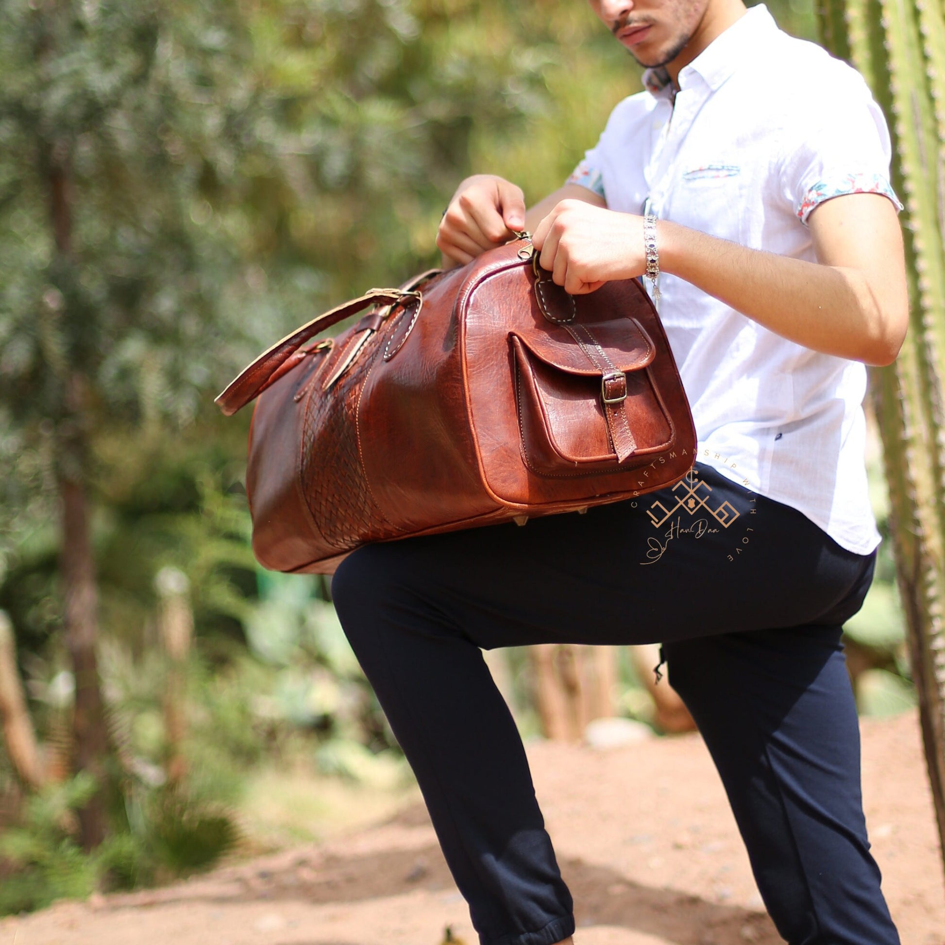 Brown Almond Leather Travel Duffle Bag for Women and Men, Woven Carry on Weekender Overnight Bag, Gift Travel Leather Bag