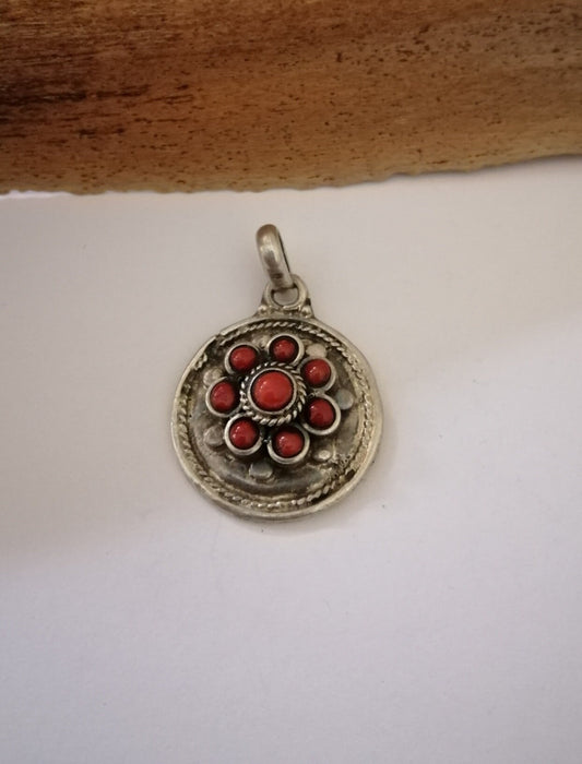 Old Berber Handmade Silver and Coral Pendant