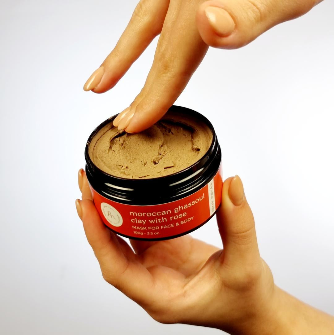 Authentic Moroccan Ghassoul Clay Mask with Rose - Natural Rhassoul Mud for Face, Hair & Body - Detoxifying, Purifying, Nourishing Skincare