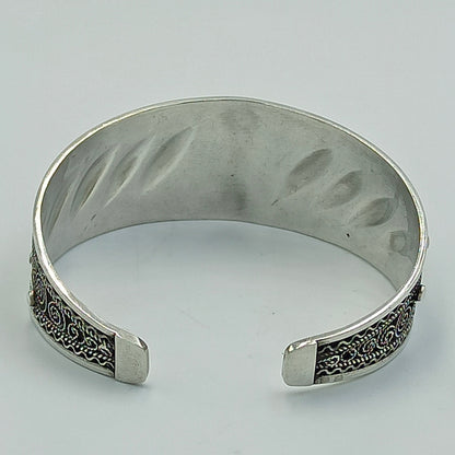 Women'S 925 Sterling Silver Handcrafted Adjustable Bracelet, Open Cuff Berber Engrave Design Boho Bangle with a Brown Bead