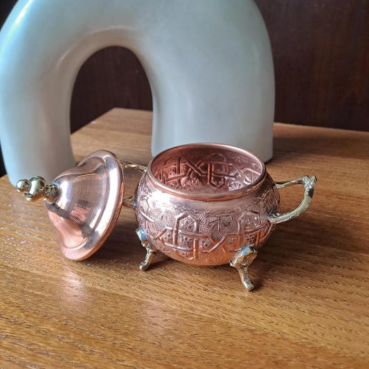 Handcrafted Copper Sugar Bowl with Lid & Brass Handles – Moroccan Kitchen Decor – Footed Copper Candy Dish – Artisan Gift Idea