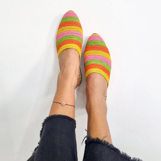Ready to Ship, Raffia Shoes, Handmade Slippers, Rainbow Sandals, Rainbow Shoes, Moroccan Shoes, High End Raphia Flats, Moroccan Babouch