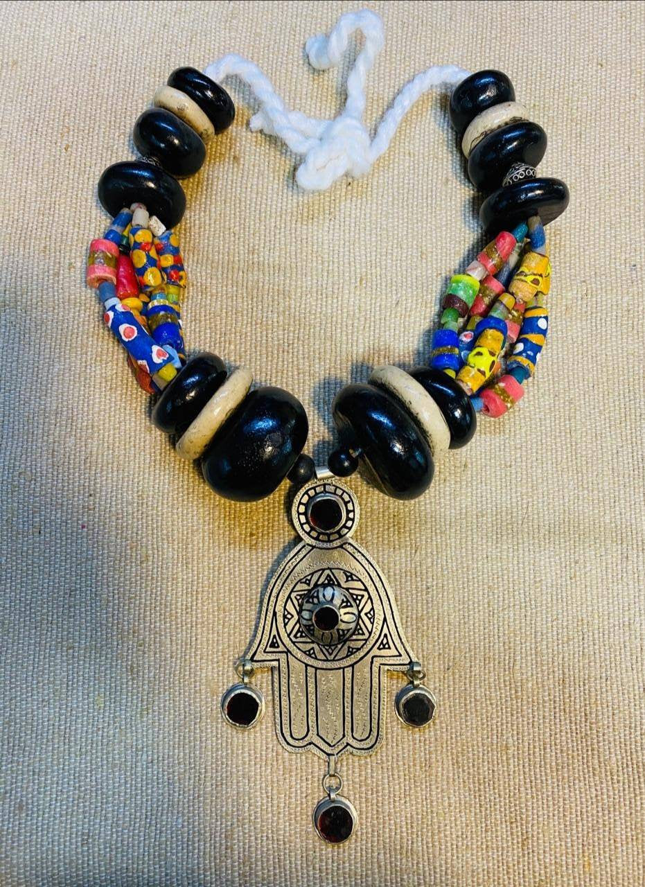 Berber Necklace, Amber Necklace, Old Berber Necklace. Khamssa Necklace