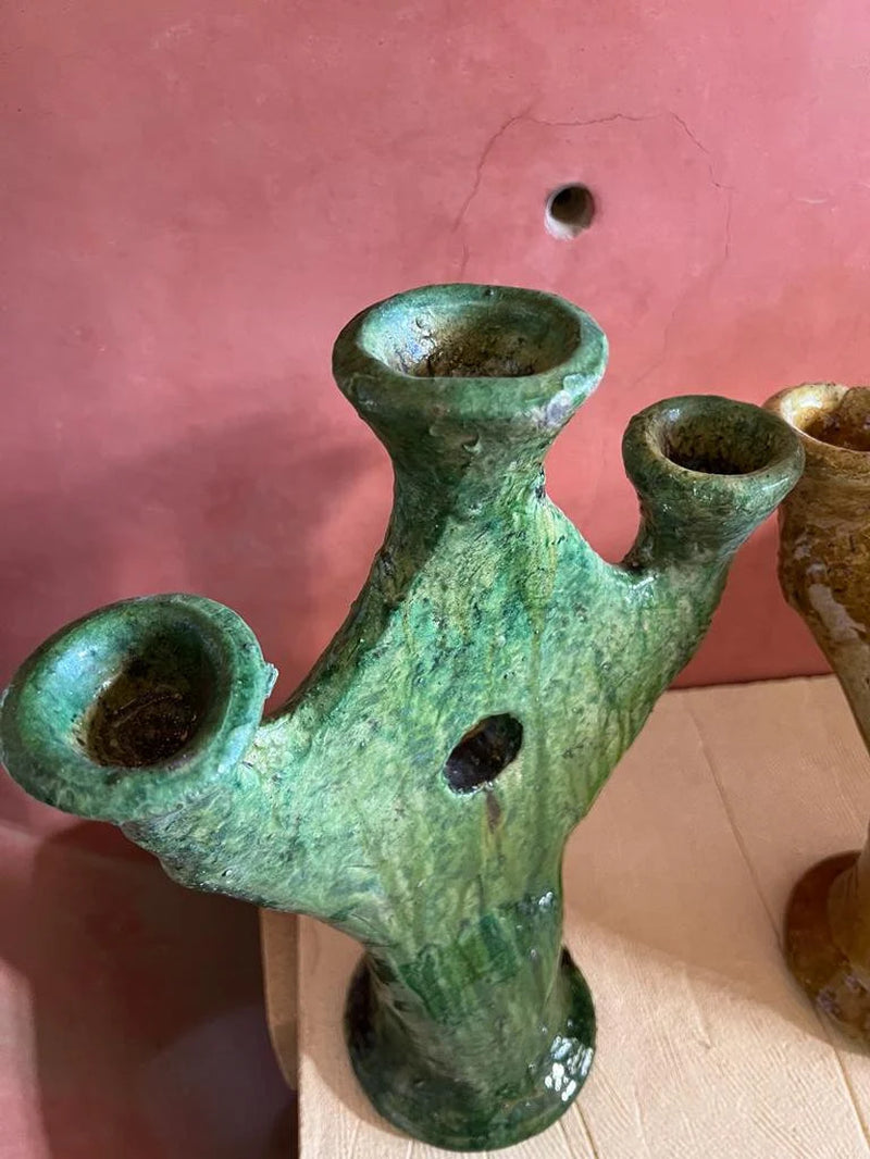 Green and Yellow Candles, Natural Candleholder
