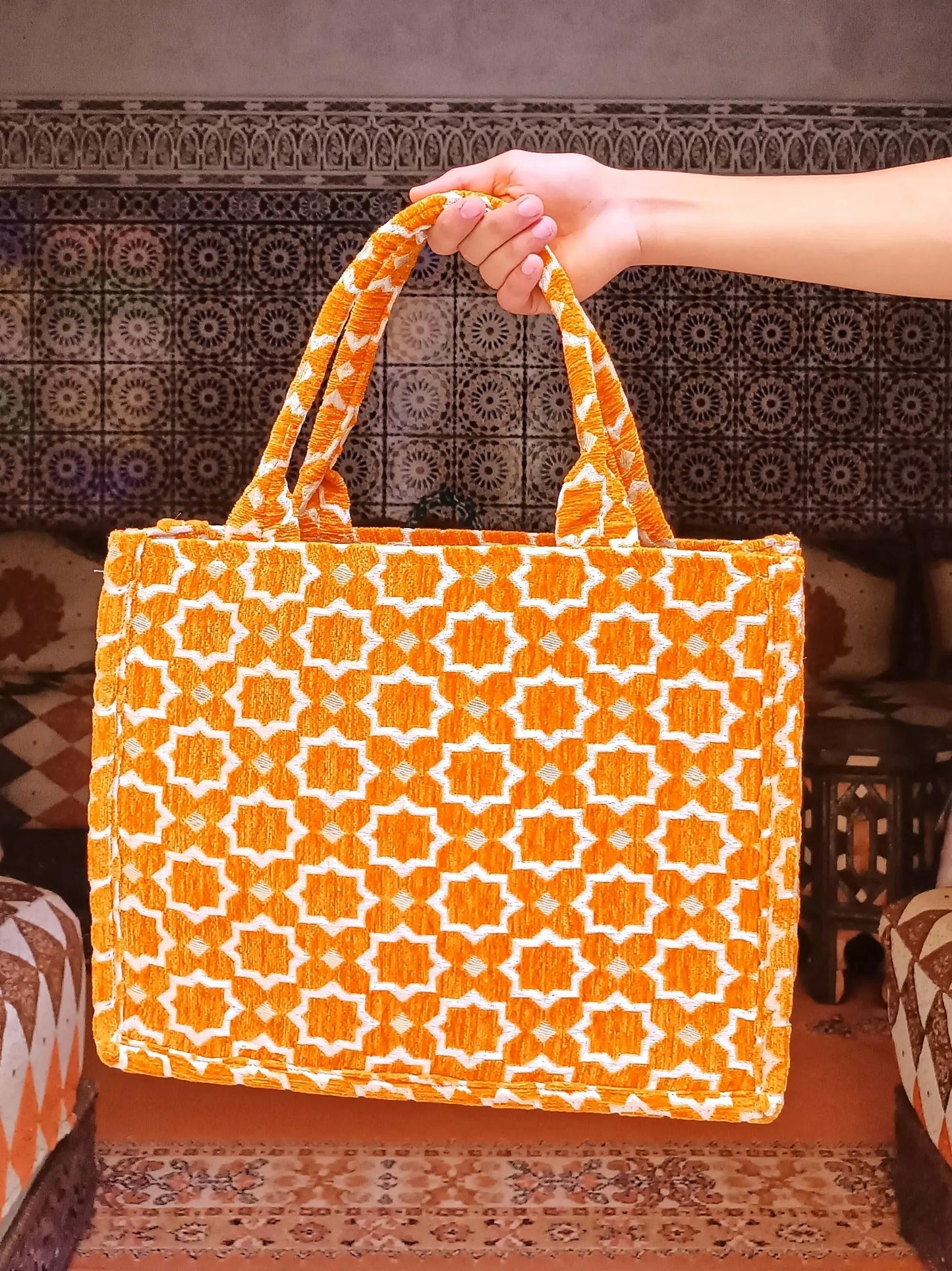 Handmade Moroccan Tote Bag with Zellij Tile Design, Large Durable Tote for Everyday Use, Unique Cultural Gift, Eco-Friendly Beach Bag