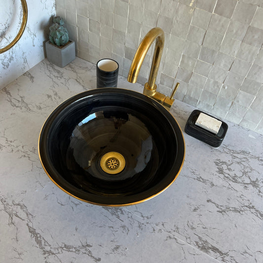 Antique Sink 14K Gold Rim, Set of Vessel Sink, Toothbrush Cup and Soap Dish, 14 Inch Sink Bowl, Ceramic Basin, Free Gift INCLUDED